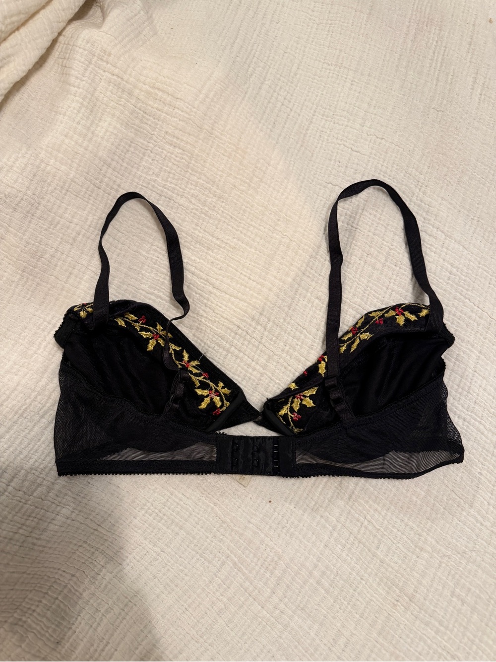 Victoria's Secret Black Velvet Lace Bra with Yellow and Red Floral Embroidery